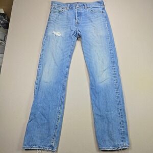 Levis 501 Original Fit Mens 30x32 Light Wash Distressed Button Fly Jeans